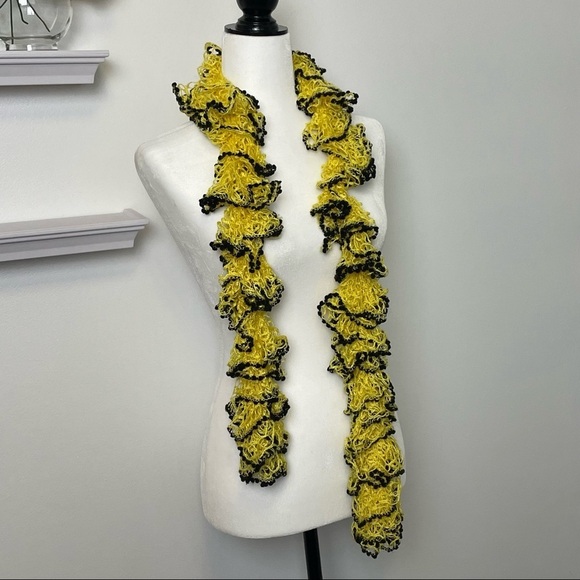 Ruffs & Pom-Poms Crocheted Yellow Black Scarf - Picture 4 of 10